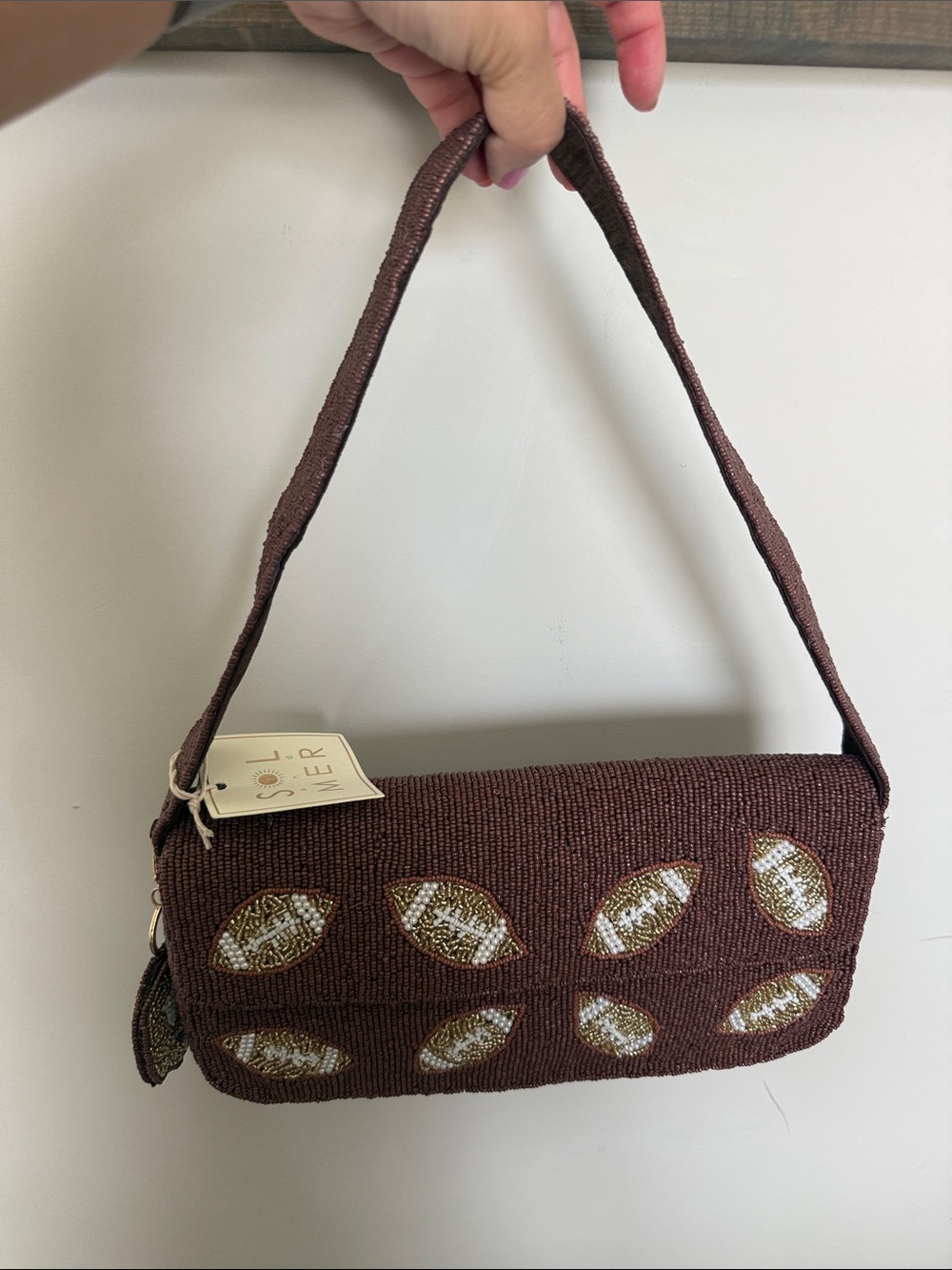 Beaded Brown Shoulder Bag with Footballs - Picture 2 of 6